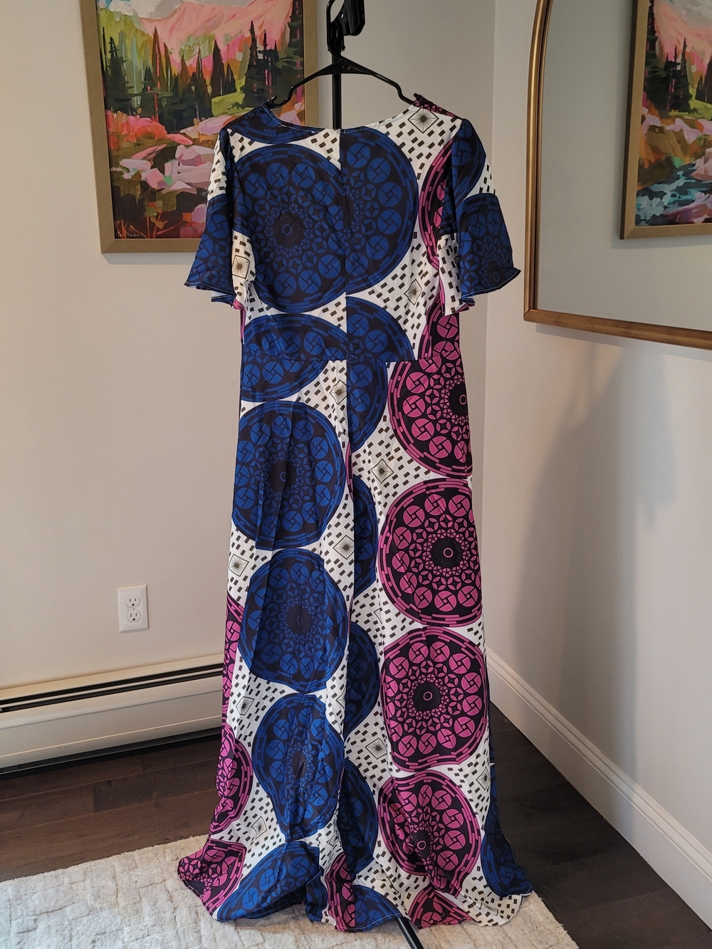 NWOT FAEREISTY A-line Flutter Sleeve Pink and Blue Medallion Print Maxi Dress Si - Picture 4 of 9